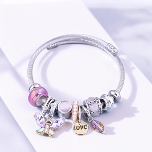 Stainless steel beaded bracelet featuring purple crystal butterfly and LOVE charm