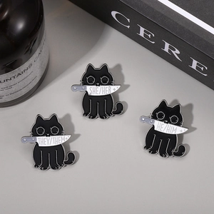 Dark style black cat alloy enamel pins with knives featuring she/her, he/him, they/them pronouns