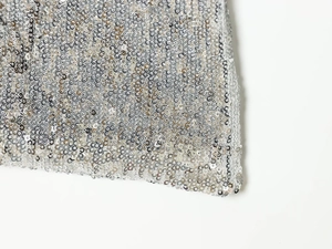 Macro shot of silver and champagne gold sequin fabric with detailed embroidery texture