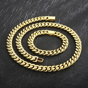 Men Cuban Link Necklace And Bracelet Stainless Steel Polished Hip Hop Punk Style Jewelry Gold Steel Tone
