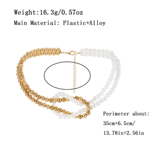 Detail view of pearl and gold bead necklace showing weight and adjustable size specs