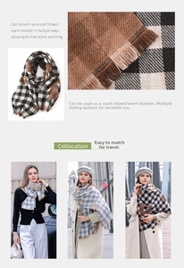Detailed views of checkered tassel scarf worn as a shawl and wrap in urban street style