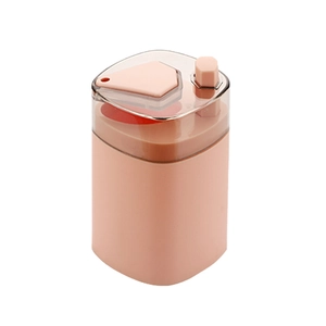 Pink automatic pop-up toothpick dispenser with clear cover on a white background