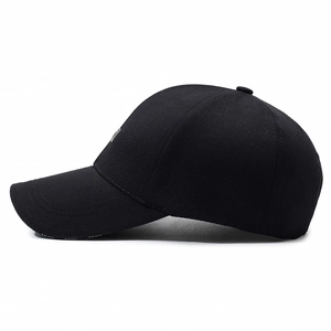 Classic black embroidery cotton baseball cap with adjustable strap and curved brim side view