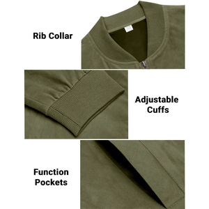 Detail view of rib collar, adjustable cuffs, and functional pockets on olive green jacket
