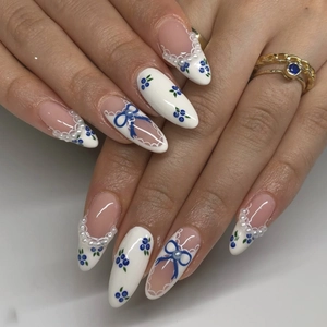 Press On Nails Almond Shape Blue Blueberry Pattern French Style With 3D Ribbon Bow And Artificial Pearl Accents Sweet Fresh For Women