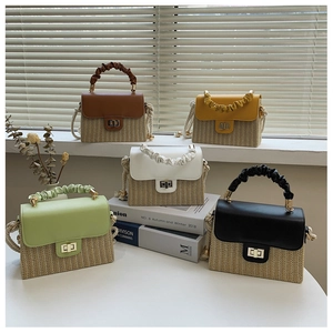 Assorted woven straw box bags with leather pleat handles and metal locks in five colors
