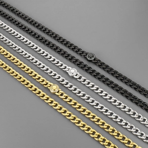 Men Stainless Steel Cuban Link Chain Necklace Round Rhinestone Buckle Hip Hop Street Rock Punk Jewelry Accessories