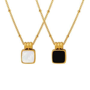 Chic 18K gold plated titanium necklace with square black acrylic and white shell pendants
