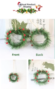 Detailed front and back view of Christmas mini wreath with pine needles and red berries