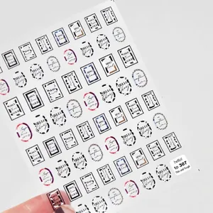 Vintage 5D nail art stickers with black frame designs and English lettering 307