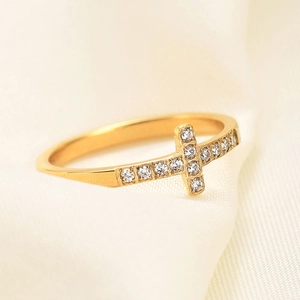 Golden stainless steel ring with 7mm cross design and sparkling crystal inlay