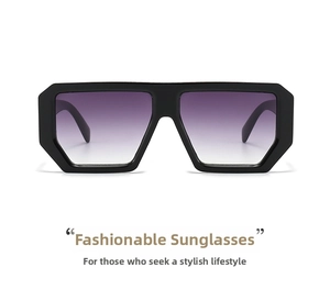 Front view of trendy square sunglasses with thick black frames and purple gradient lenses