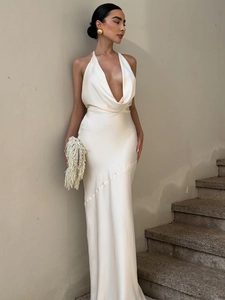 Elegant pearl white backless maxi dress with draped deep V-neck and satin finish