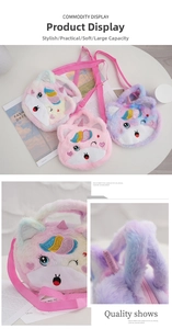 Detailed view of plush unicorn crossbody bag with soft faux fur and embroidery