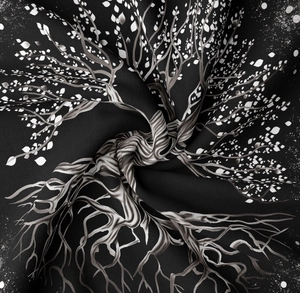 Macro shot of tree of life tapestry fabric showing soft texture and artistic print