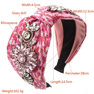 Baroque leopard print headband with pink rhinestones and houndstooth fabric