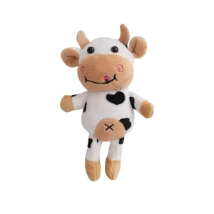 Simpatico portachiavi a forma di mucca di peluche con macchie nere su sfondo bianco