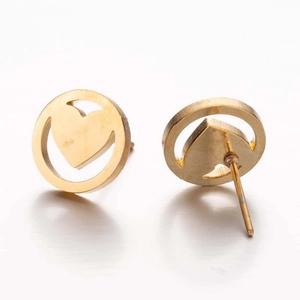 Golden round hollow heart-shaped stainless steel earrings with polished finish for women