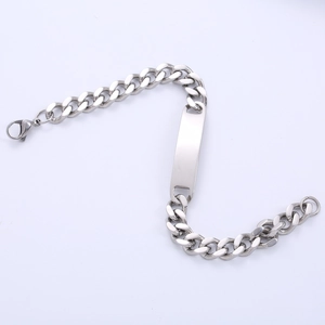8mm stainless steel curb chain bracelet with blank rectangular bar and lobster clasp