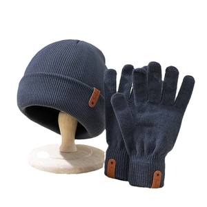 Navy blue winter knitted beanie and gloves set with fashion leather patch detail