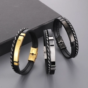 Men Braided Leather Bracelet With Stainless Steel Curved Plate Multilayer Cord Fashion Wristband Jewelry