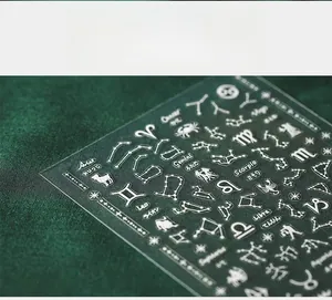 Macro detail of white 5D zodiac nail stickers with astrology signs and constellations