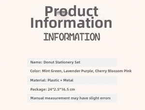 Detailed specifications of the Donut Stationery Set in pastel mint, lavender, and cherry pink