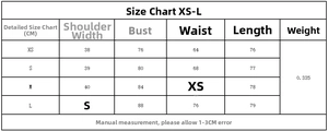 Detailed size chart for women's wool mini dress including shoulder, bust, and waist metrics