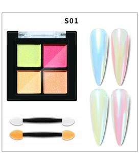 Detailed view of 4-color solid aurora nail powder palette S01 with application brushes