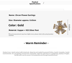 Detailed view of 0.65cm gold zircon flower stud earring with S925 silver needle post