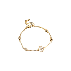 Adjustable gold clover bracelet with oval cubic zirconia crystals for women