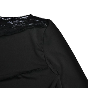 Detail of black long-sleeve tee featuring lace splicing on shoulder and neckline