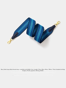 Close-up of blue woven strap with honeycomb pattern and golden metal buckle