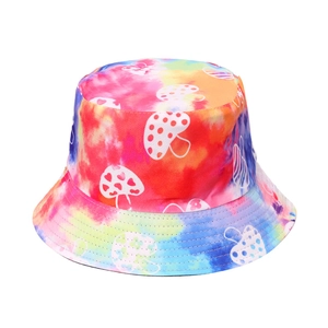 Colorful tie-dye bucket hat with mushroom print for outdoor sun protection