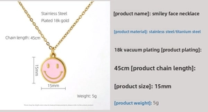 Macro view of 18K gold plated smiley necklace with dimensions 15mm pendant and 45cm chain