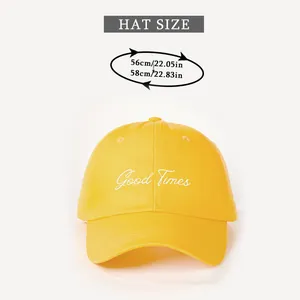 Detailed size chart for vintage yellow cotton baseball cap with Good Times embroidery