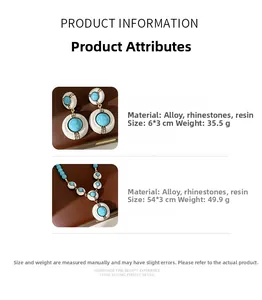 Macro detail of vintage blue resin necklace and earrings with rhinestones on leather
