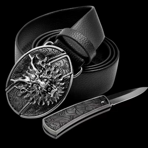 Detail of silver dragon buckle on black litchi leather belt with matching folding knife