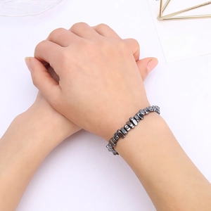 Handmade adjustable beaded bracelet with irregular dark grey hematite stones for men