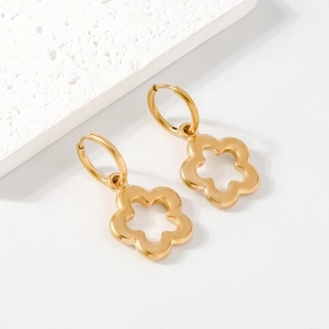 Elegant gold plated stainless steel hollow five-petal flower drop earrings for women