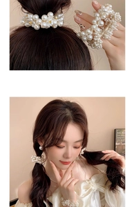 Close-up of pearl hair tie and matching stud earrings in elegant French romantic style