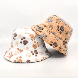 Women Plush Bucket Hat Warm Faux Fur Winter Sunshade Cap With Cute Animal Paw Print Pattern Fashionable Korean Style