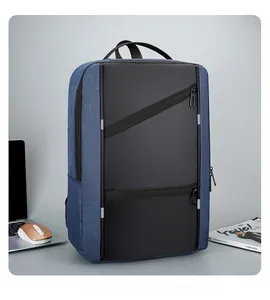 Business laptop backpack in navy blue fabric with multi-functional zipper compartments