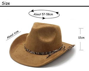 Detailed size chart of brown suede cowboy hat with leopard print band and measurements