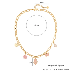Detailed size specifications for pink floral stainless steel necklace with butterfly charms