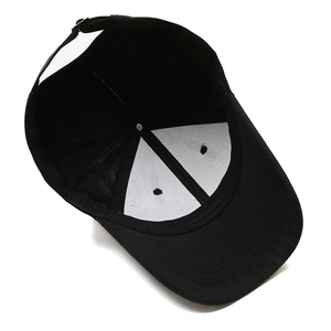 Black casual baseball cap featuring six-panel construction and adjustable rear buckle strap
