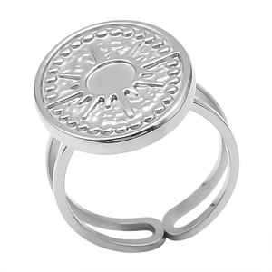 Macro detail of sunburst engraved 304 stainless steel ring with beaded round frame