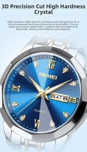 Detailed close-up of SKMEI luxury watch with blue sunray dial and silver-gold steel band