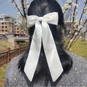 Large Bow Hair Clip With Long Streamers Satin Fabric Solid Color Korean Style Duckbill And Spring Clips For Women Girls